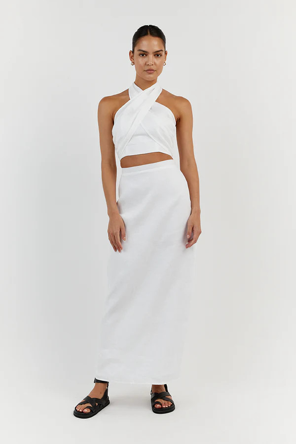 GINA WHITE LINEN HALTER CROP TOP | DISSH