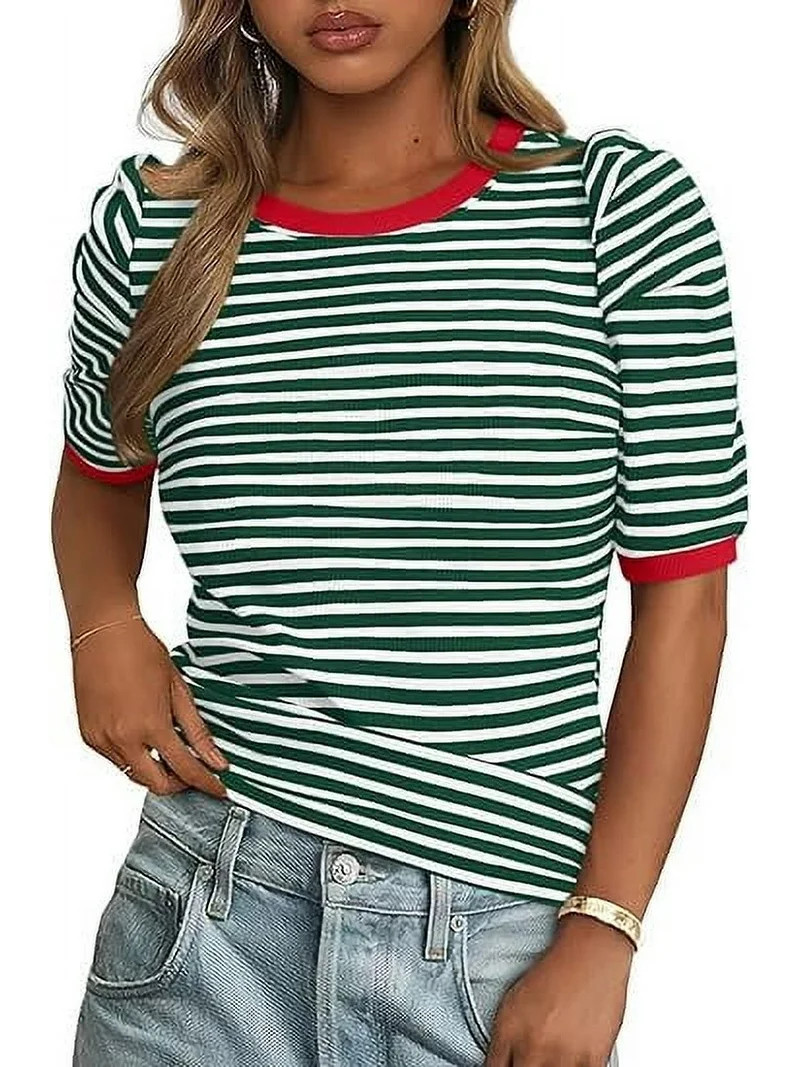 PRETTYGARDEN Women's Summer Puff Sleeve Tops Casual Ribbed Knit Crop Top Color Block Trendy Crewn... | Walmart (US)