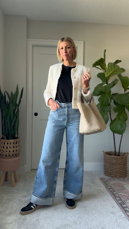 Forever a jeans and sneakers gal! I love this modern & elevated look with wide leg jeans, a basic tee, sneakers with a tweed jacket + tote for some polish! 

I’m wearing my tts 27 in these cuffed jeans. I am 5’10” for height reference 

#LTKover40 #LTKVideo #LTKstyletip