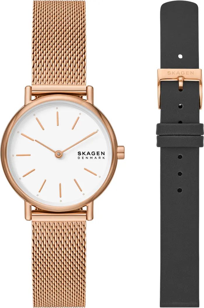 Skagen Signature Lille Mesh Strap Watch & Leather Straps Gift Set, 00mm | Nordstrom | Nordstrom