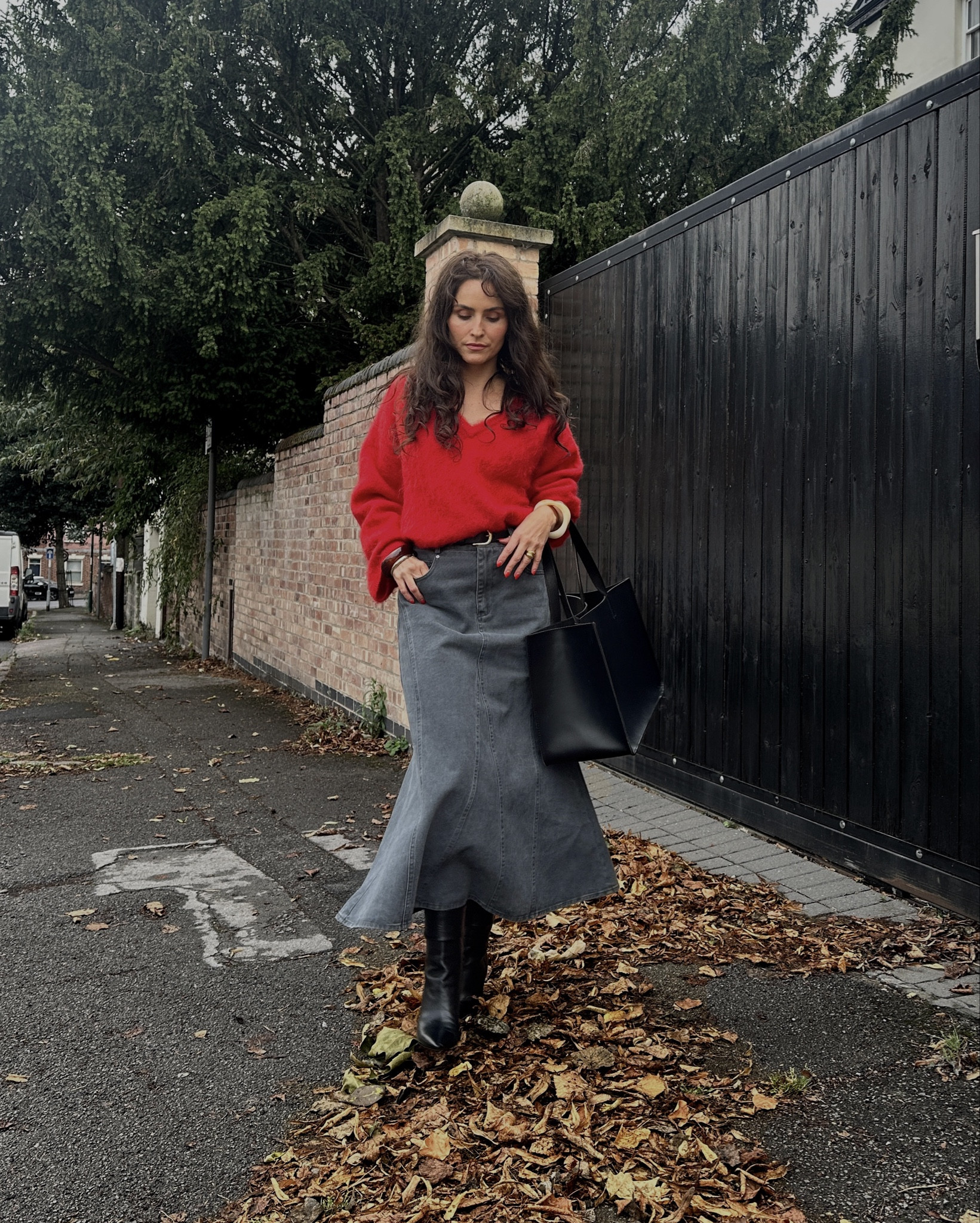 Red sweater, red jumper, autumnal fashion, fall fashion, autumn outfit, fall outfit, denim maxi skirt, black maxi skirt, gold rings, golden rings, black boots, ysl boots 

#LTKeurope #LTKstyletip #LTKuk