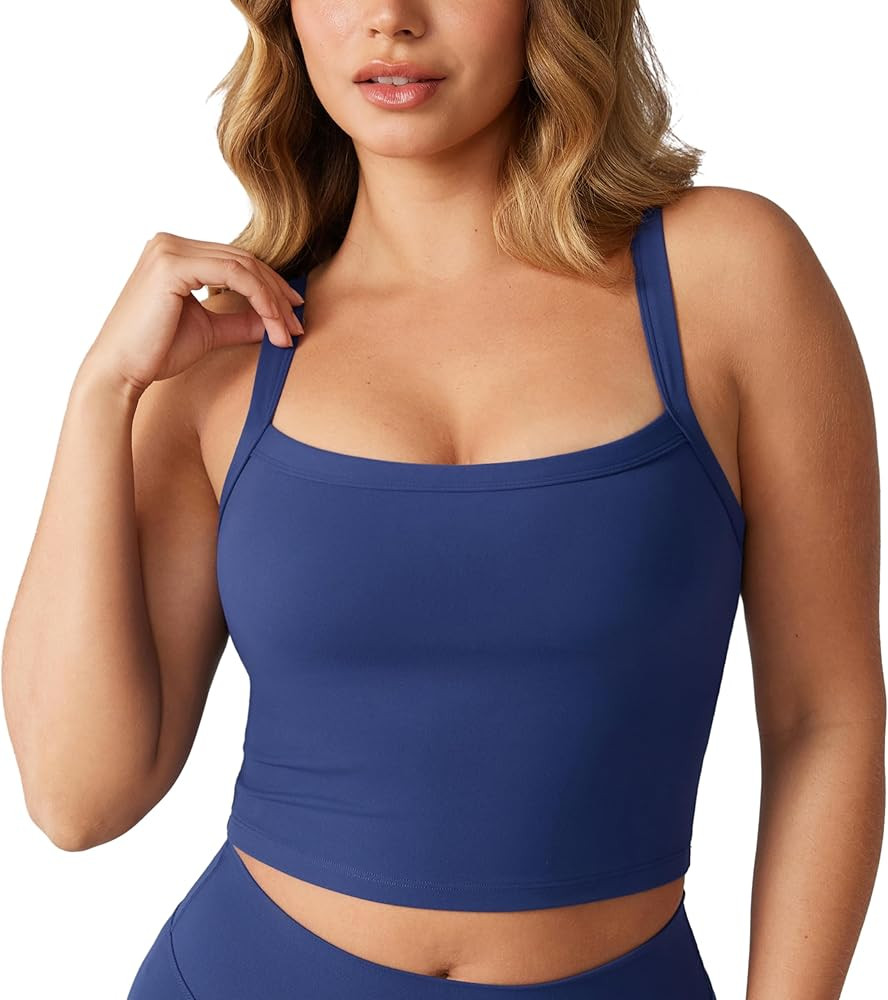 Hugcurve Adjustable Longline Sports Bra Square Neck Workout Tank Crop Tops for Women with Built i... | Amazon (US)