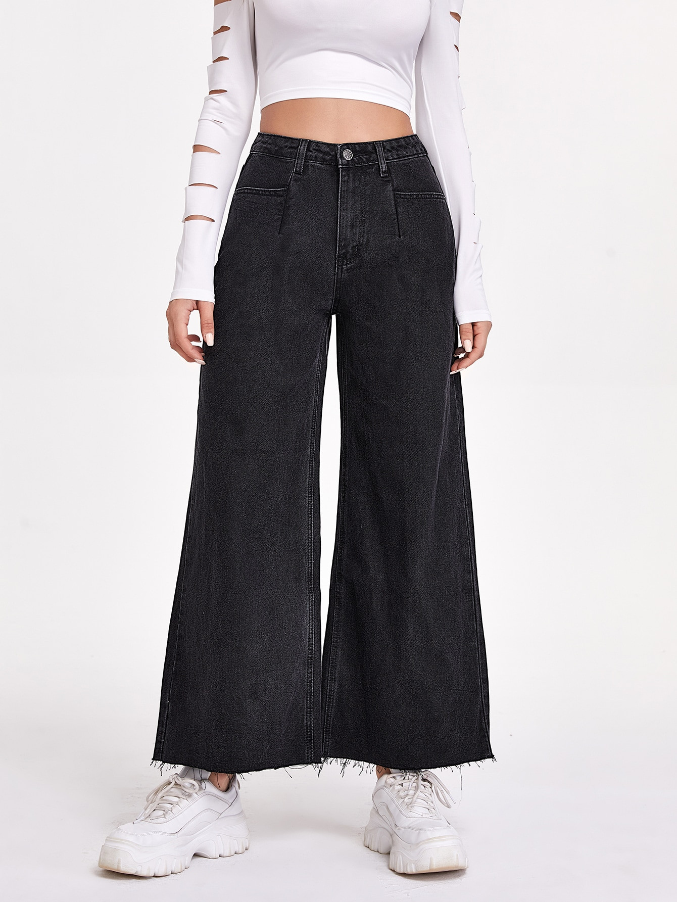 High Waisted Raw Hem Wide Leg Jeans Without Belt | SHEIN