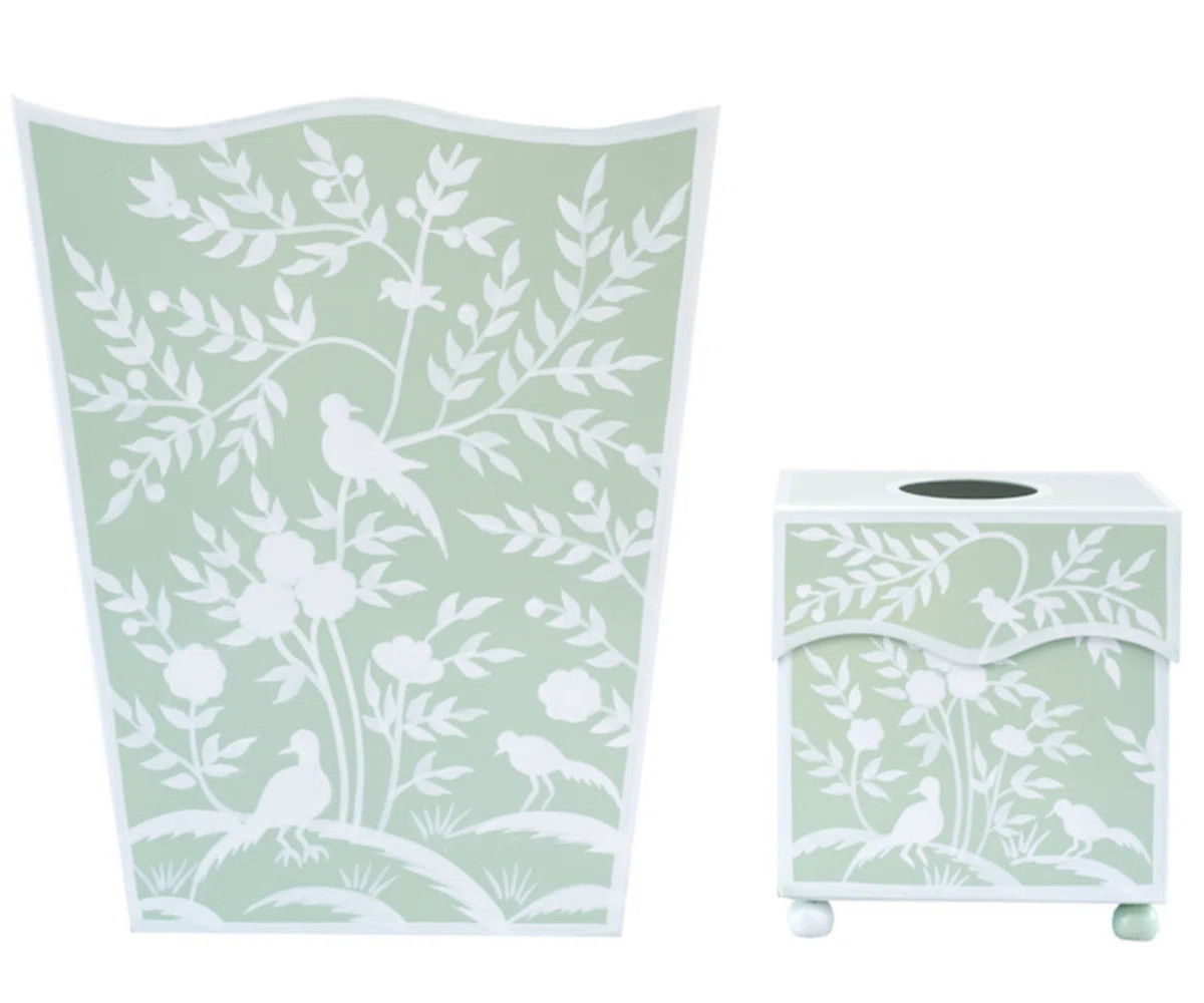 Green Bird & Vine Tole Waste Basket & Tissue Box Set (Set of 2) | Wayfair North America