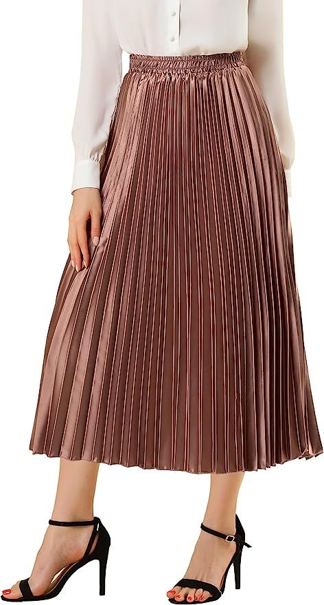 Allegra K Women's Christmas Party Elastic Waist Metallic Shiny Accordion Pleated Midi Skirt | Amazon (US)