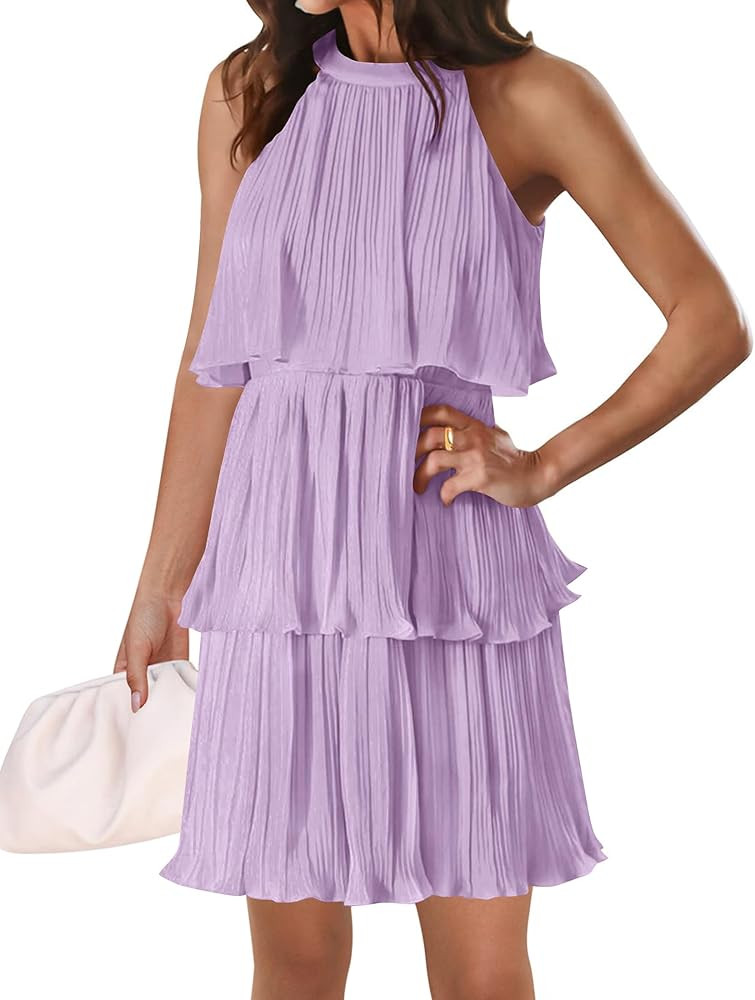 ZESICA Women's 2024 Summer Halter Dresses Sleeveless Ruffle Tiered Layered Chiffon Pleated A Line... | Amazon (US)