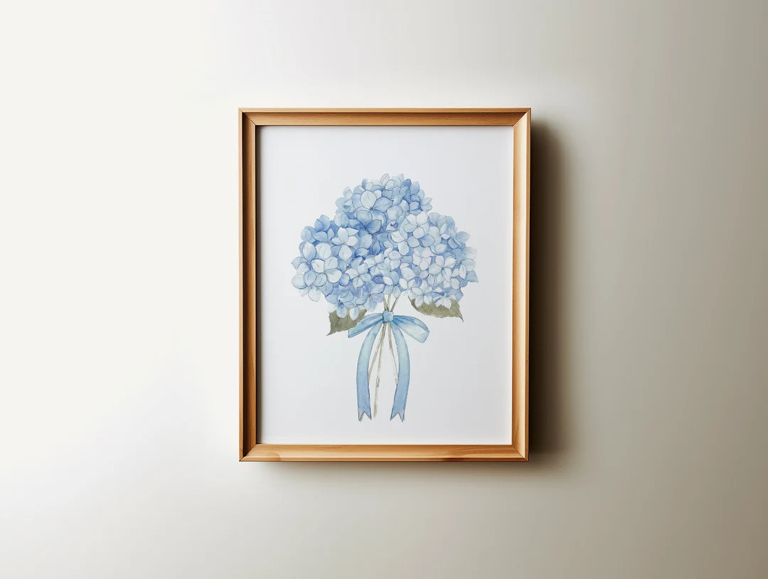 Blue Hydrangea With Blue Bow PRINTABLE ART, Soft Blue Floral Nursery Print, Coastal Granddaughter... | Etsy (US)