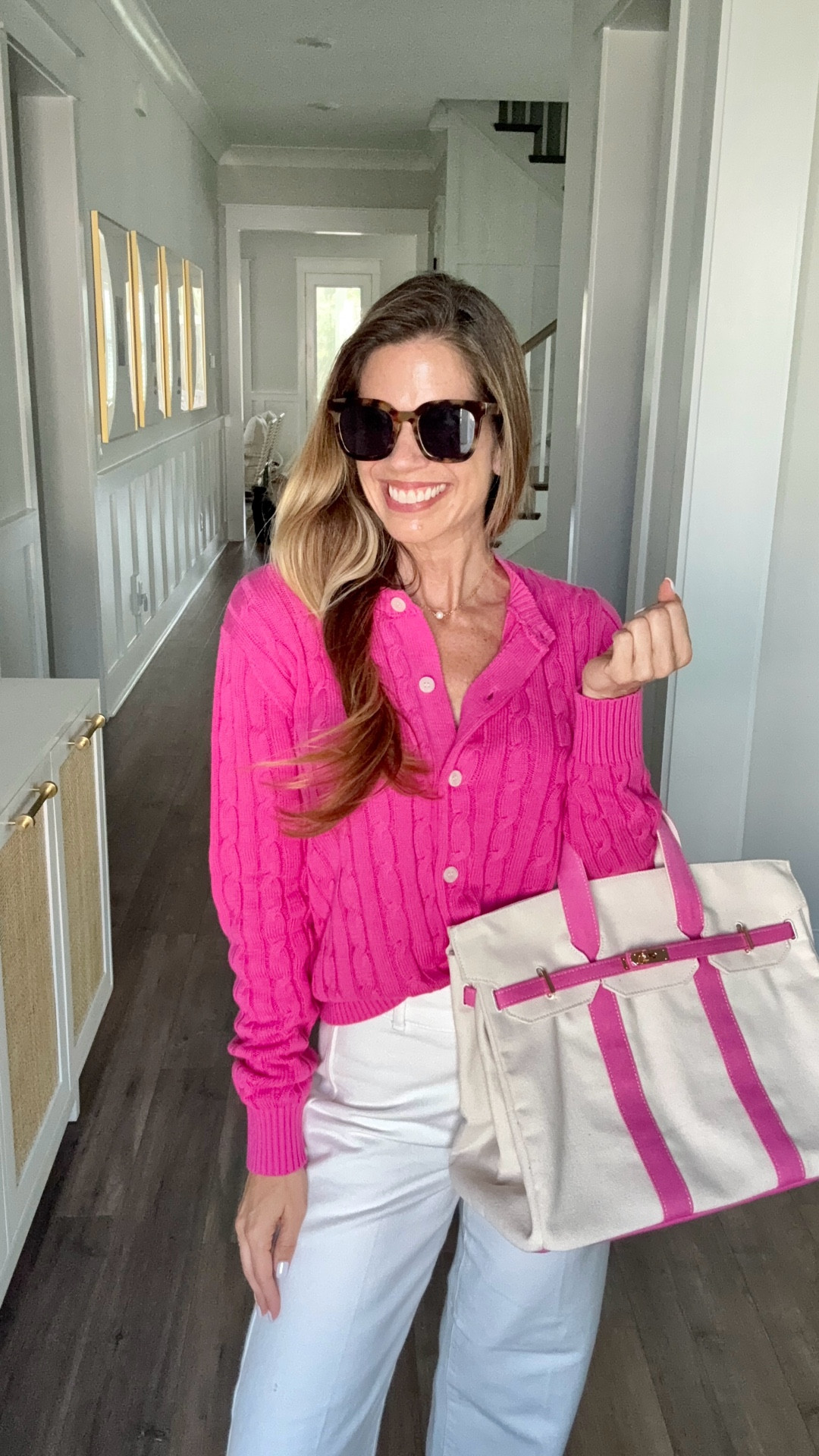 Pearls and Camo Cotton cable knit cardigan and canvas boat tote with gold hardware. Two mists for your Spring wardrobe. Preppy style 
#gifted 

#LTKSeasonal #LTKootd