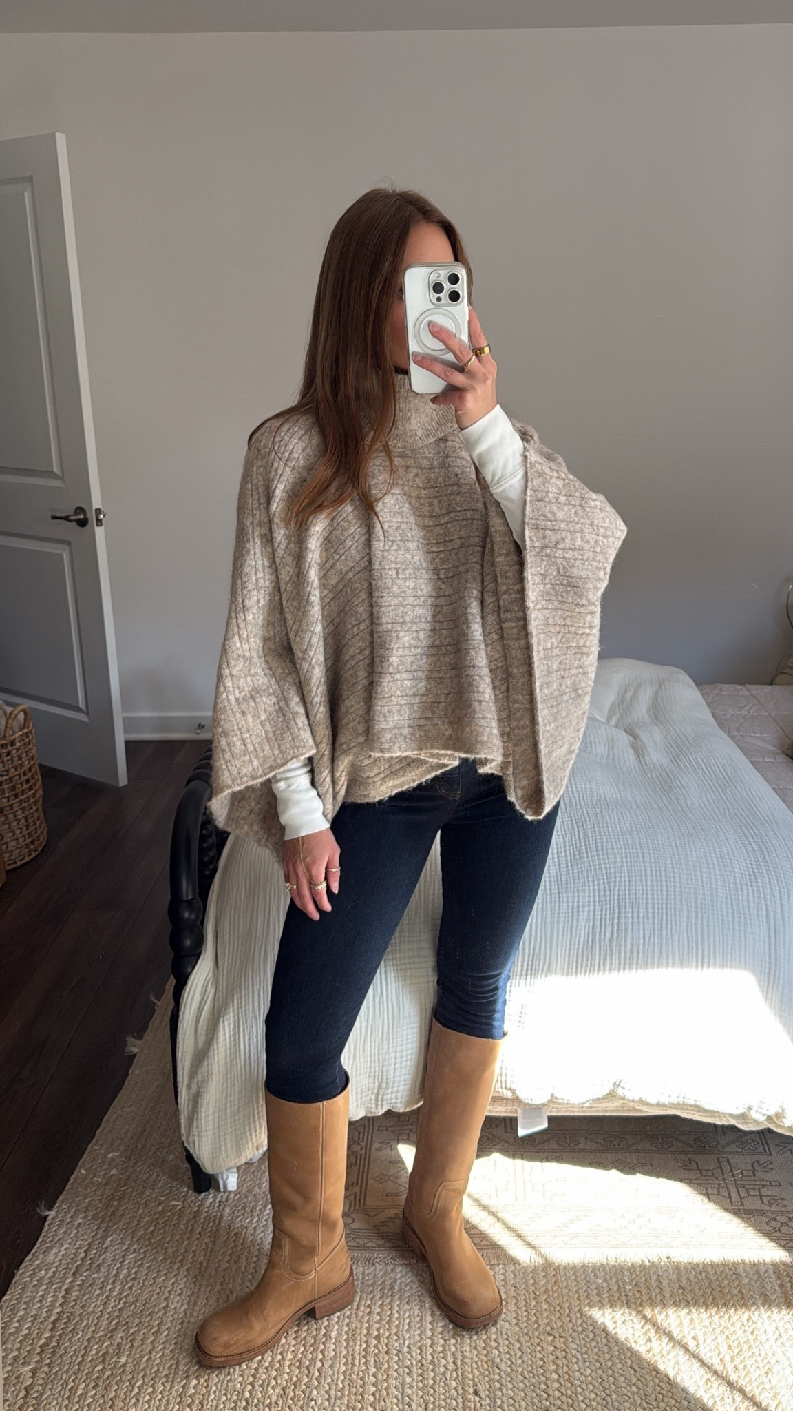10/2/26 LOOK 3 — Poncho + Skinny Jeans
bringing the skinny jeans back specifically for boots like these 🤎 Styling my Steve Madden Riggs boots with Frame skinny jeans, a basic white long sleeve + this super warm Free People poncho.
Such an easy formula for those colder fall days when you actually want to bundle up 🍂

#LTKootd #LTKgrwm #LTKSeasonal