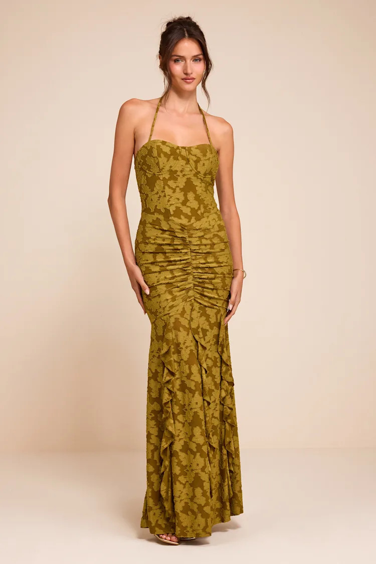 Dimona Olive Floral Burnout Ruched Maxi Dress | Lulus