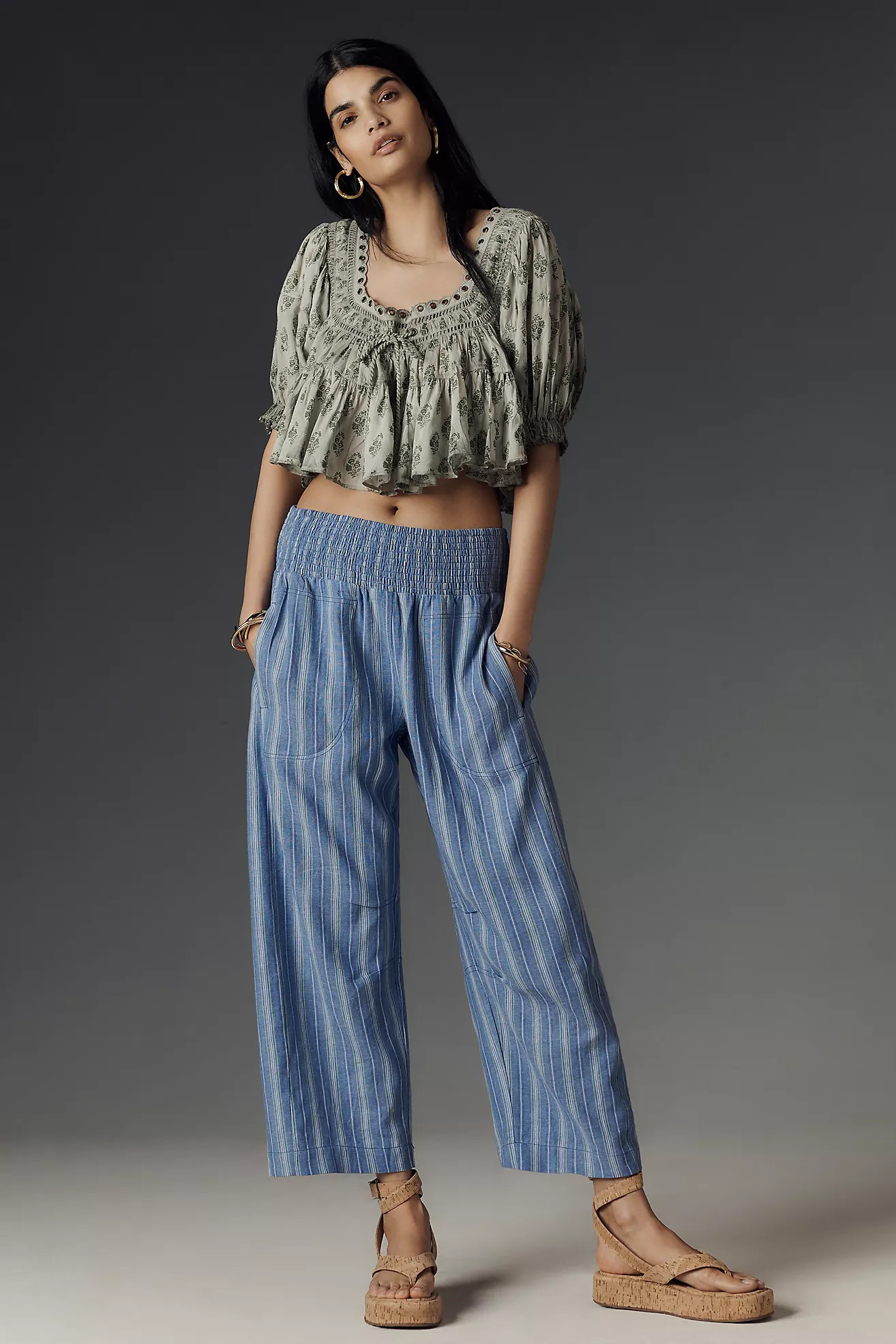 The Reese Smocked Pull-On Barrel Pants by Pilcro: Striped Linen Blend Edition | Anthropologie (US)