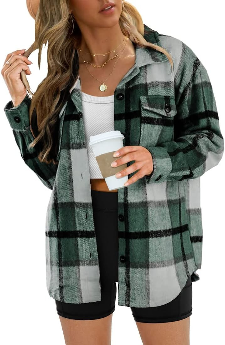Trendy Queen Womens Flannel Shacket Jacket Casual Plaid Wool Blend Button Down Long Sleeve Shirt ... | Amazon (US)