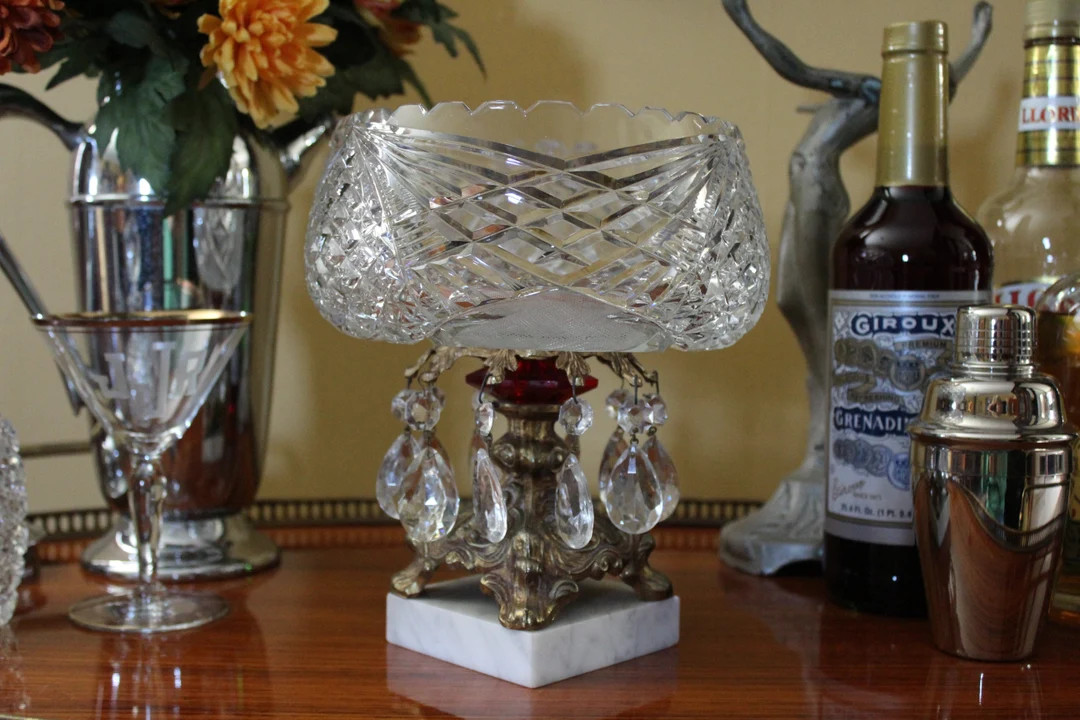 Vintage Crystal and Brass Compote with Red Crystal on Pedestal and Prisms on Marble Base, Glass C... | Etsy (US)