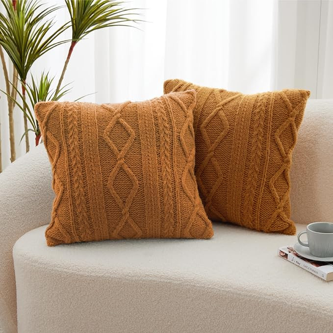 Throw Pillow Covers Set of 2-22x22 Inch Handknit Decorative Throw Pillow Covers,Wool Woven Cushio... | Amazon (US)