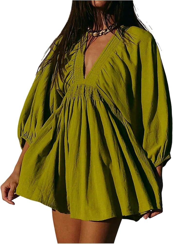 WDIRARA Women's Deep V Neck Long Lantern Sleeve A Line Dress Flowy Short Dresses | Amazon (US)