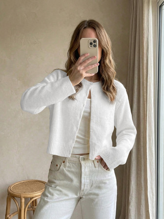 LocalWomen's Minimalist Solid Color Round Neck Button Up Long Sleeve Knit Cardigan Sweater, New Year | SHEIN