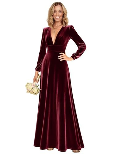 Maxianever Long Velvet Dresses V Neck Plus Size Burgundy Bridesmaid Dress Fall and Winter Formal Party Gowns 22 | Amazon (US)