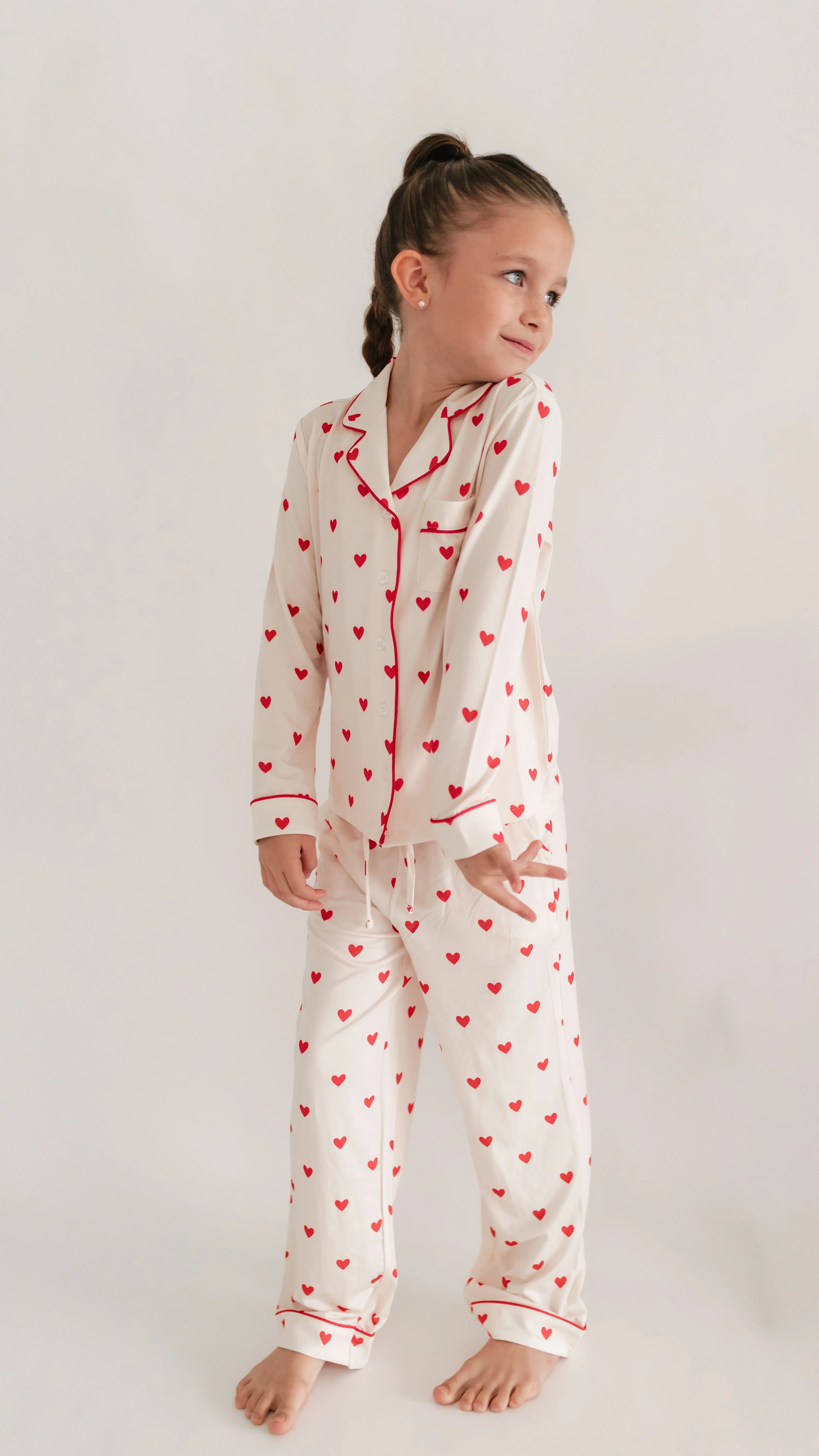 Girl's Button Up Set in Cream Valentine Hearts | Silks Design