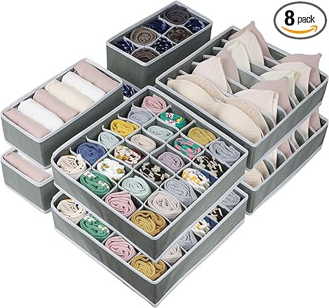 8 Pack Dresser Drawer Organizer Clothes, Foldable Underwear Drawer Organizer Bins, 90 Cells Fabri... | Amazon (US)