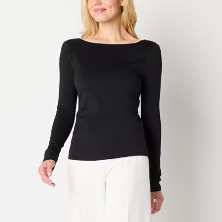 Worthington Womens Boat Neck Long Sleeve Blouse, Petite X-large, Black | JCPenney