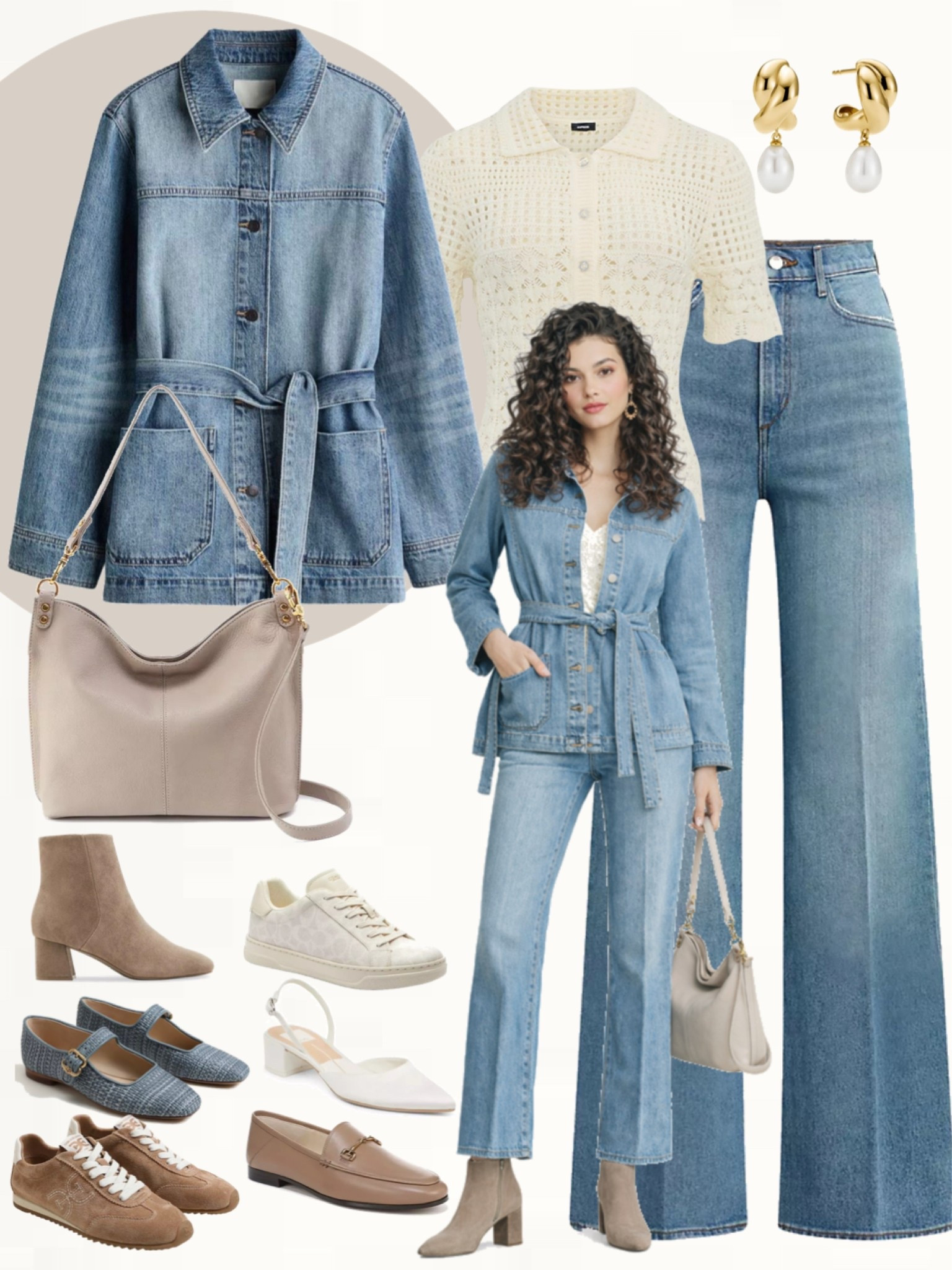 Light wash denim jacket with tie waist, cream knit top, and medium wash straight-leg jeans styled 6 ways by simply switching the shoes: taupe suede ankle boots, white sneakers, blue Mary Janes, brown suede sneakers, tan loafers, and white slingback heels. Finished with a soft beige shoulder bag and gold earrings for an effortless, versatile spring look.
#springoutfits #denimstyle #effortlessstyle

#LTKSeasonal #LTKOver40 #LTKootd