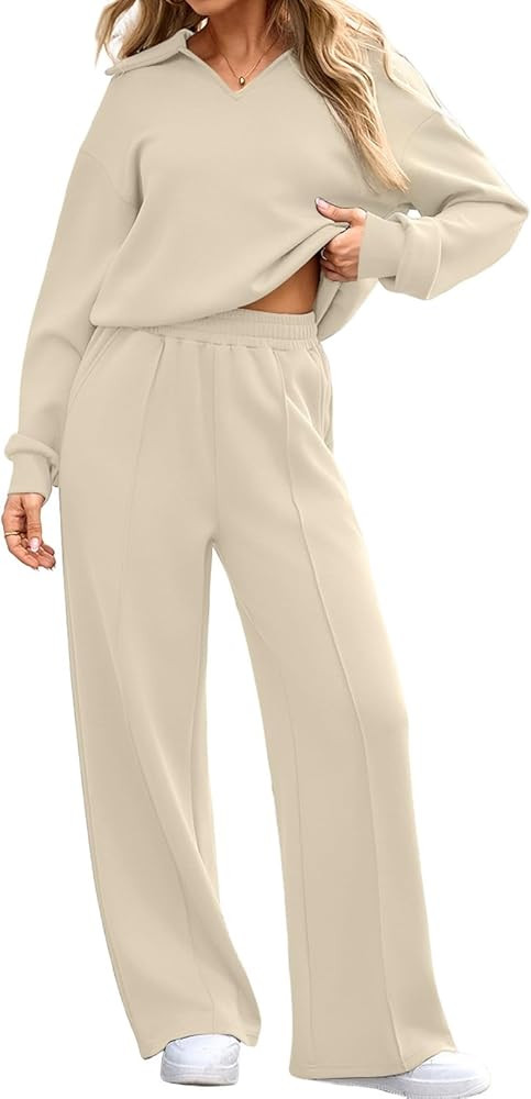 Aleumdr Womens 2 Piece Outfits Fall Lounge Set Sweatsuit Long Sleeve Tops Wide Leg Pants with Poc... | Amazon (US)