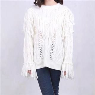Fringed Cable-Knit Sweater White - One Size | YesStyle Global