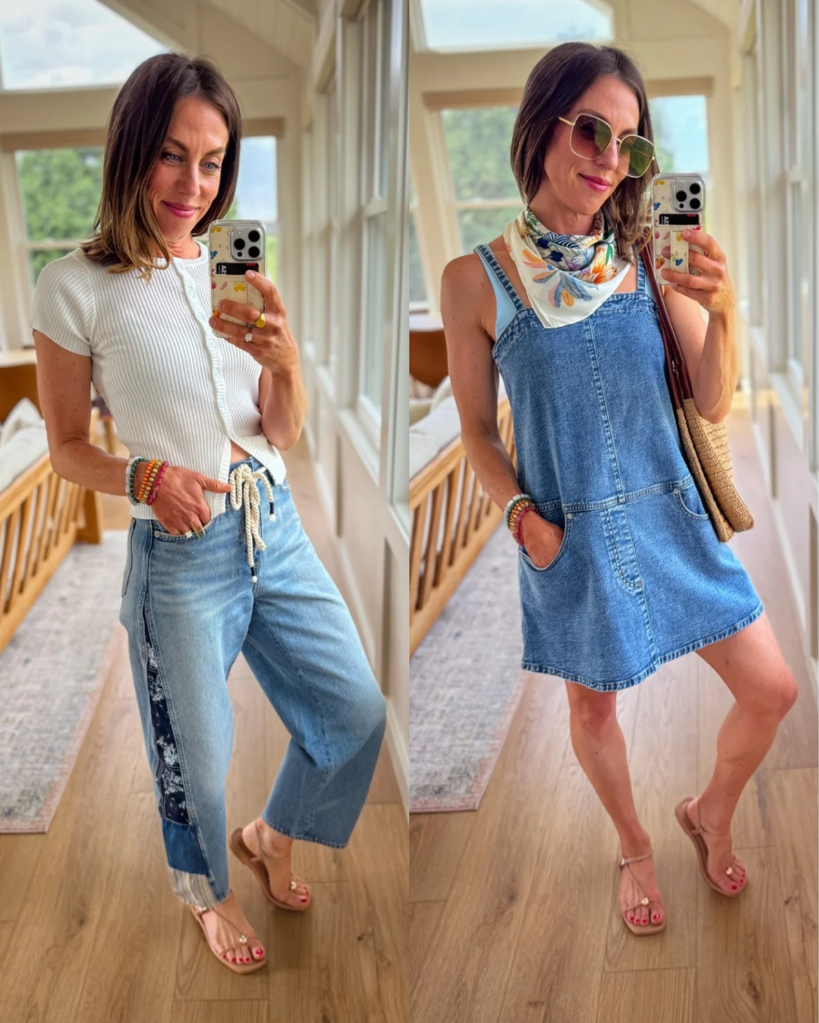Jeans: 0
Button up tee: Xs
Dress: Xs
Tank: small - size up one
