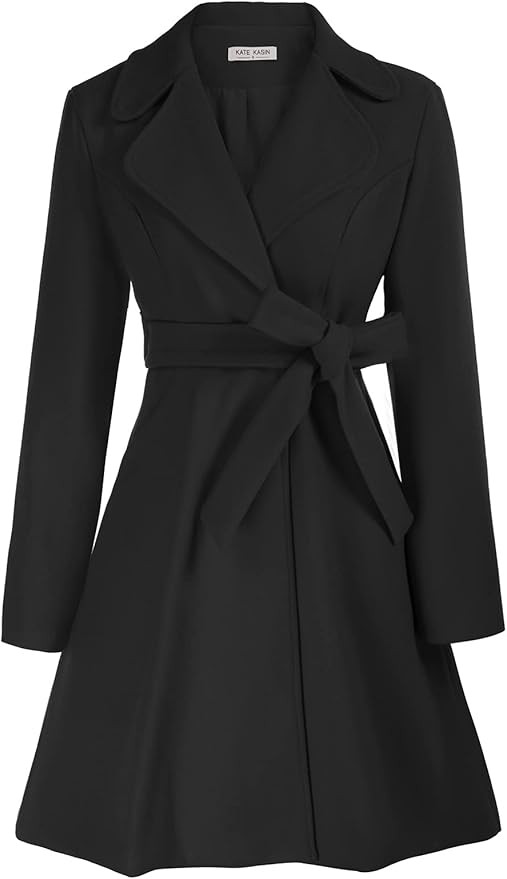 Kate Kasin Women A Line Peacoat Dress Coat Belted Notch Lapel Overcoat Fall Winter Trench Coats | Amazon (US)