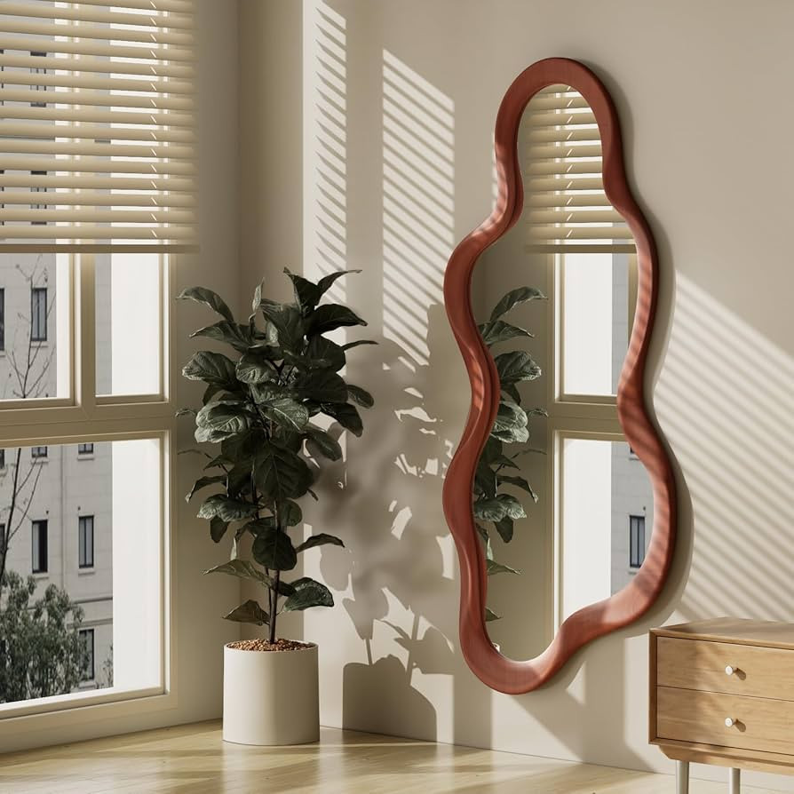48"x 22" Irregular Wall Mirror, Walnut Wood Framed Wall Mirror, Asymmetrical Wall Wavy Mirror for... | Amazon (US)