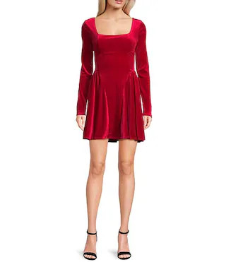 Velvet Square Neck Long Sleeve Scoop Bow Back Dress | Dillard's