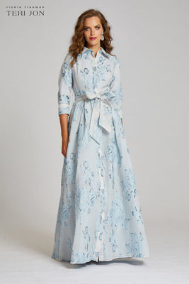 Metallic Jacquard Shirtdress Gown with Floral Print | TERI JON