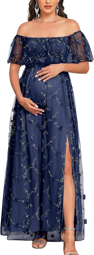 AISWI 3D Floral Maternity Dress Off Shoulder Mesh Ruffle Pregnancy Maxi Gown with Split Photoshoo... | Amazon (US)