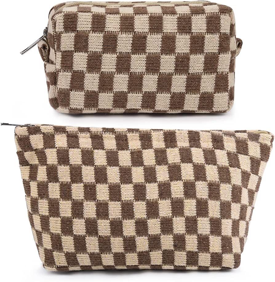SOIDRAM 2 Pieces Makeup Bag Large Checkered Cosmetic Bag Brown Capacity Canvas Travel Toiletry Ba... | Amazon (US)