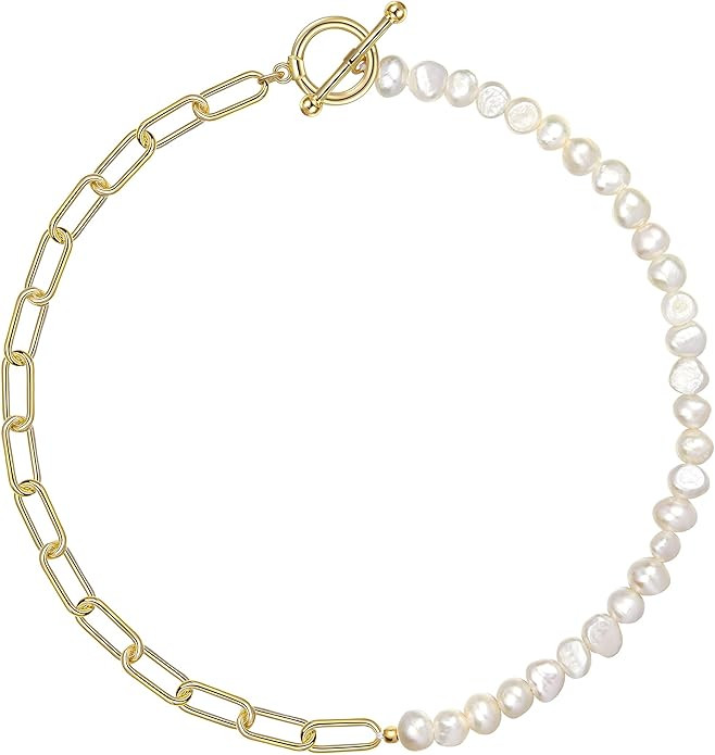 Pearl Necklace for Women Paperclip Chain Chunky Gold Necklace, Freshwater Cultured Pearls Trendy ... | Amazon (US)