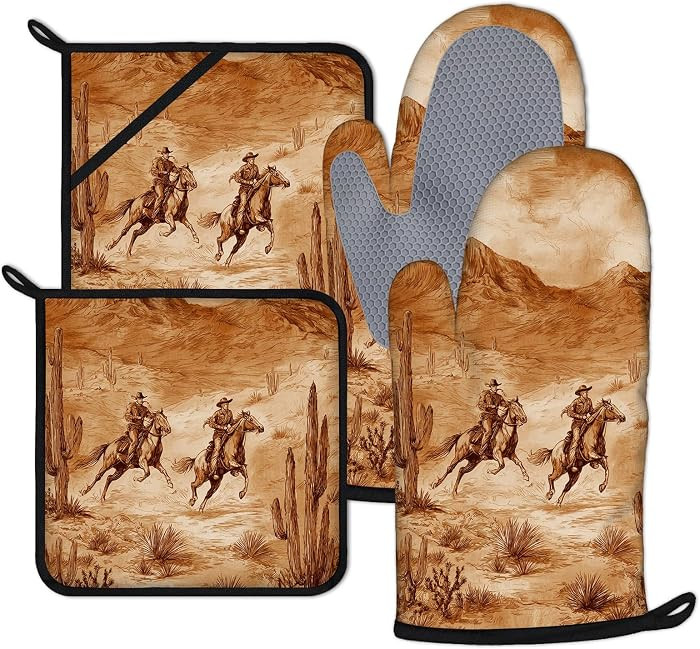 Cactus Western Cowboy Oven Mitts and Pot Holders Sets 4Pcs Silicone Non-Slip Mitts Heat Resistant... | Amazon (US)