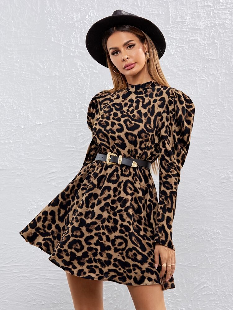 SHEIN Mock-Neck Leg-of-mutton Sleeve Leopard Dress Without Belt | SHEIN