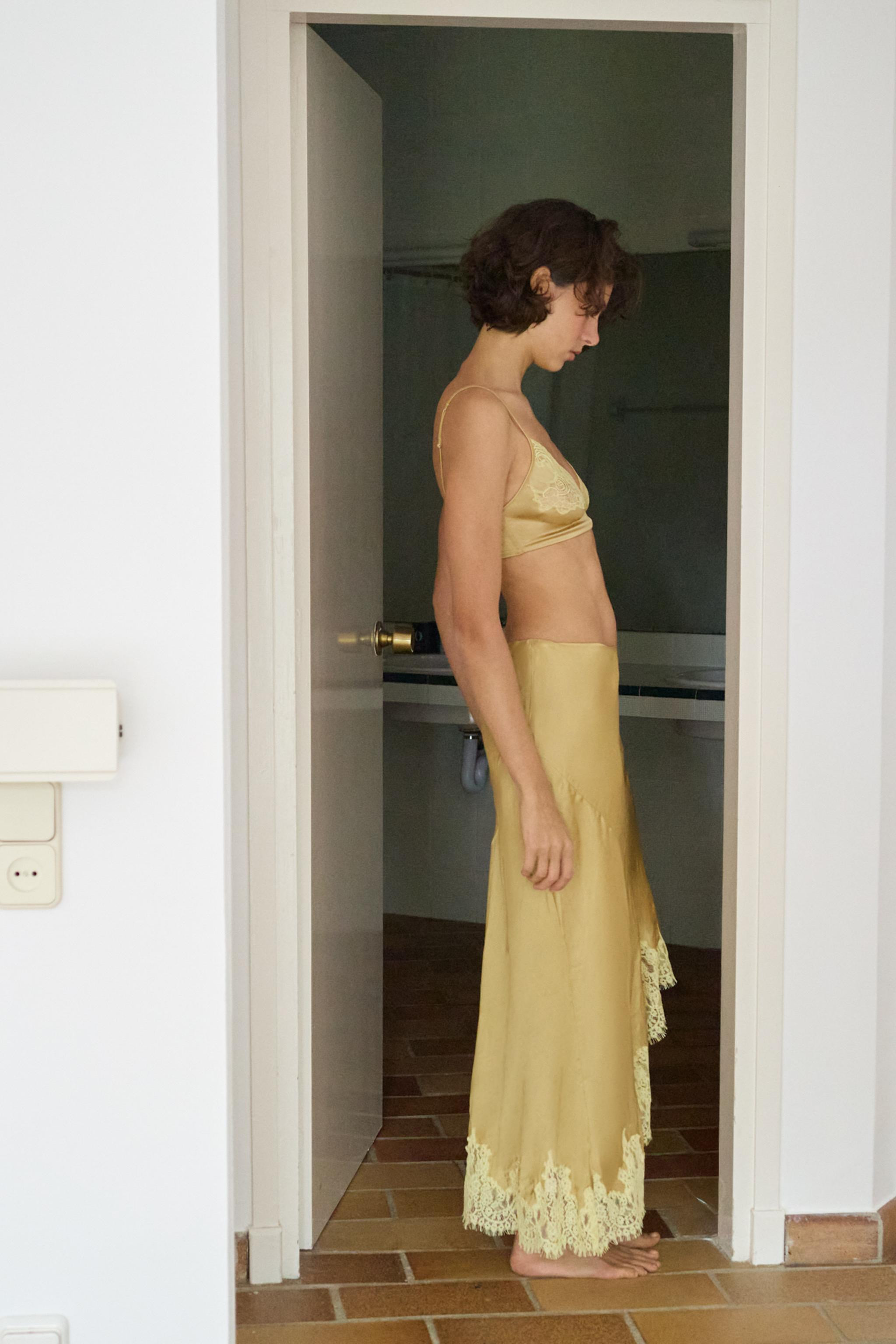 ASYMMETRIC SATIN SKIRT WITH LACE | Zara UK
