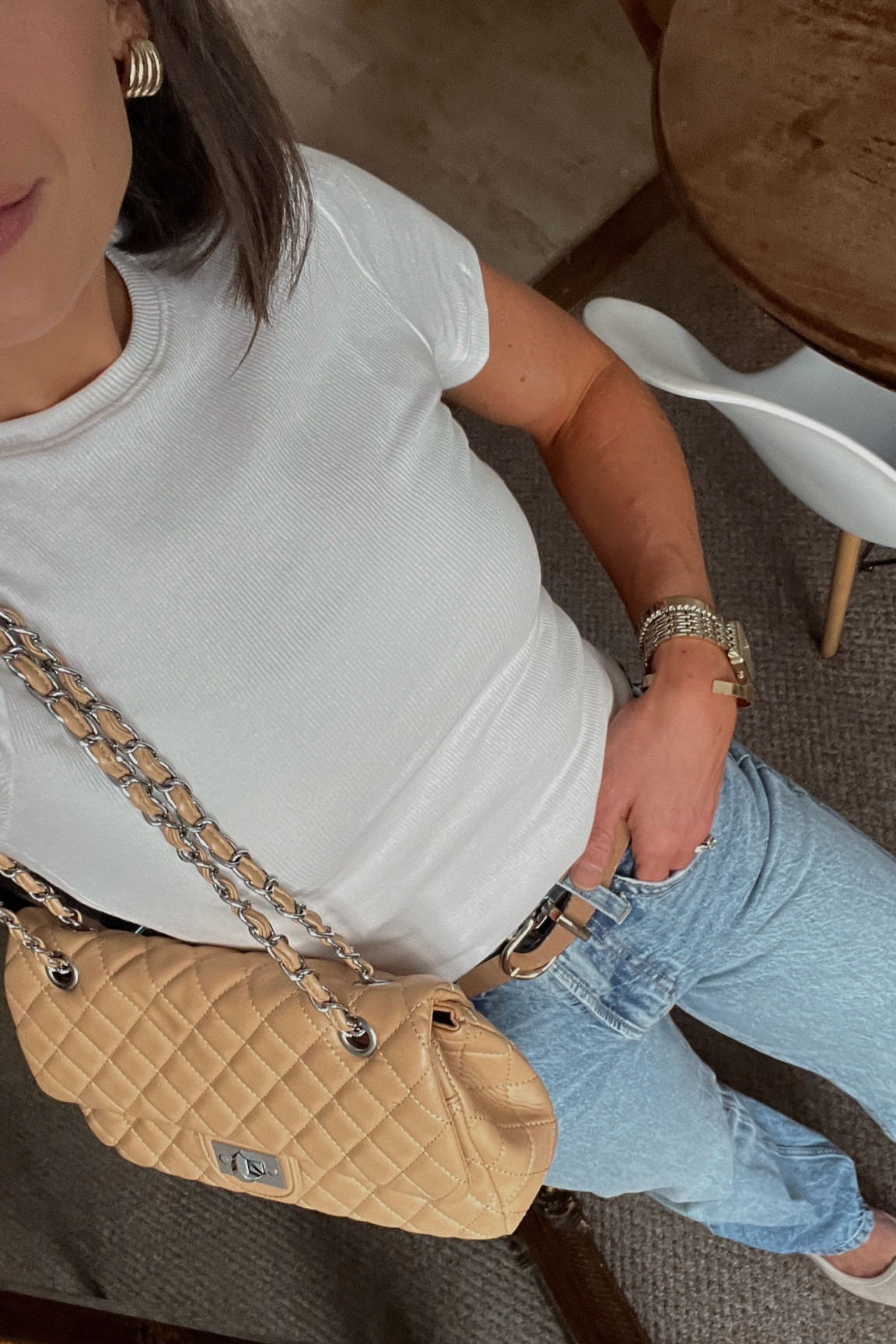 Elevate a basic outfit with accessories.

Spring outfit. White tee. Light wash denim. Gold accessories. Weekend night outfit. Spring style. Basics. Staples. 

#LTKStyleTip #LTKFindsUnder50