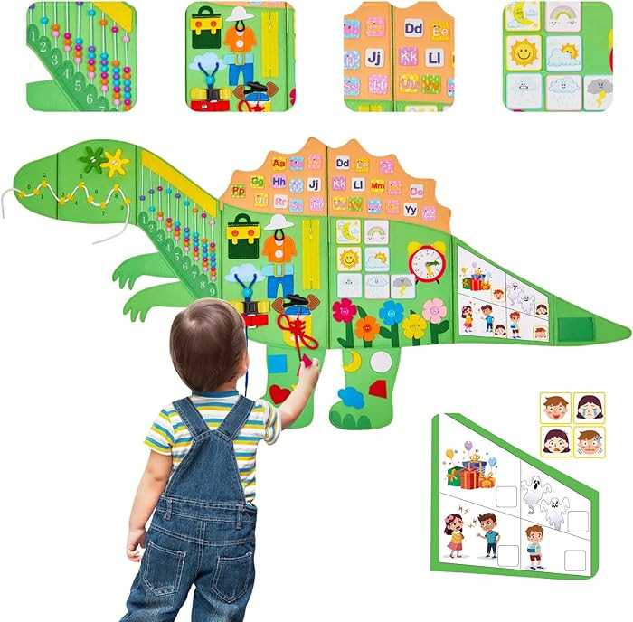 Gleamkid Dinosaur Montessori Busy Board: 10 in1 Sensory Wall Panel for Kids, Toddler Sensory Toys... | Amazon (US)