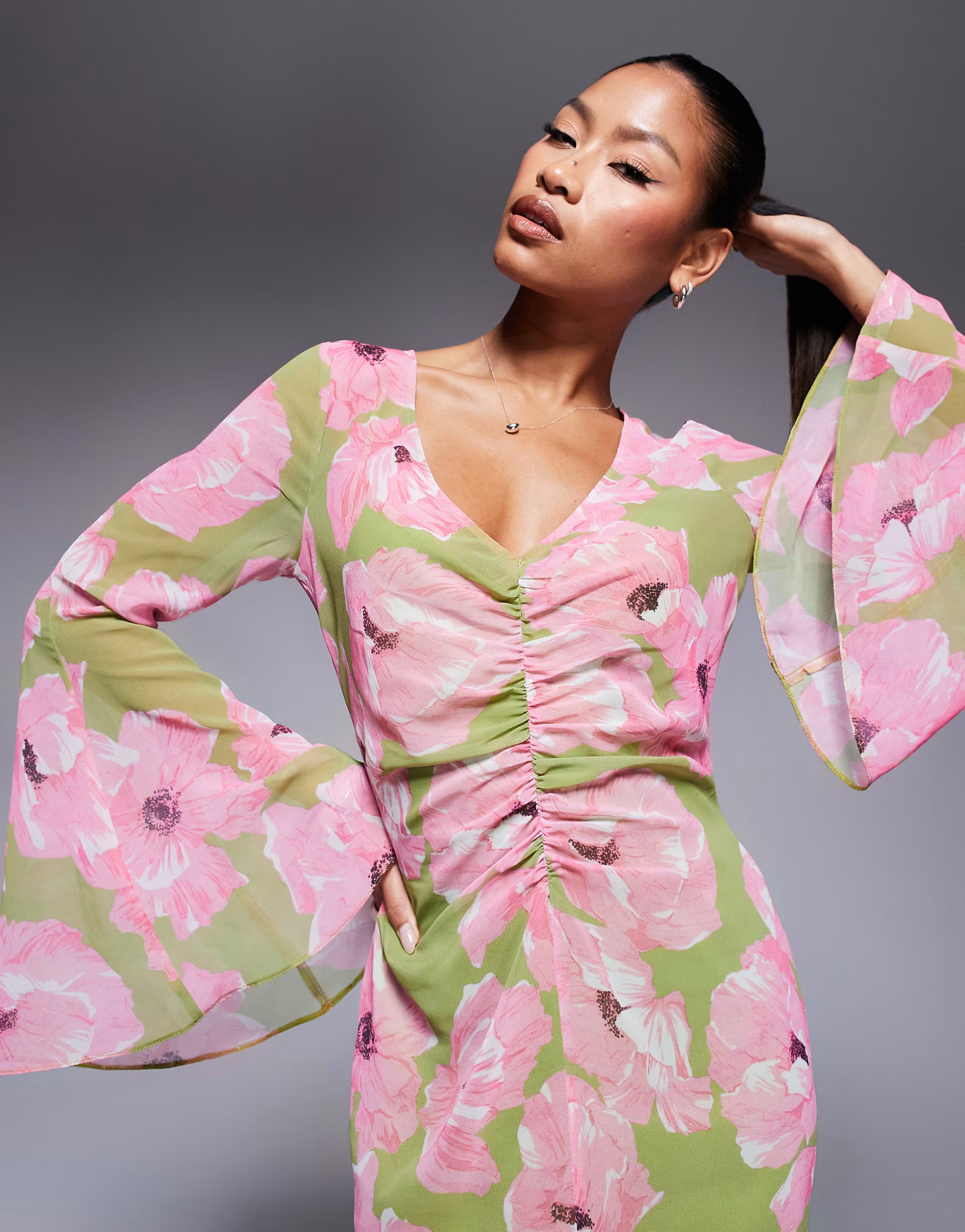 ASOS DESIGN v neck ruched front maxi dress in pin floral print | ASOS | ASOS (Global)