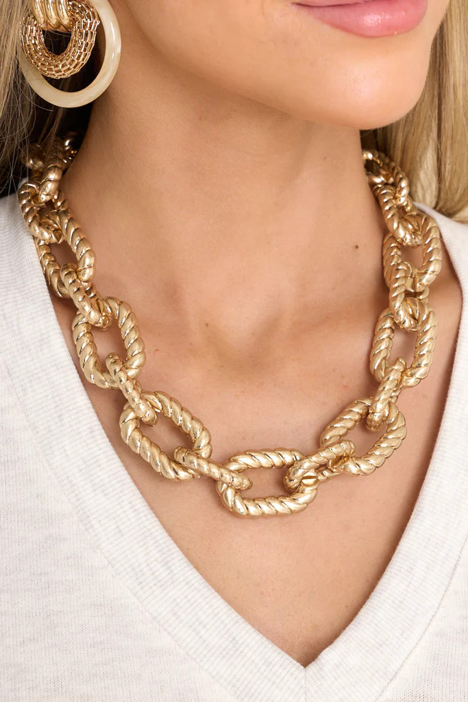 Stay Trending Worn Gold Chain Necklace | Red Dress 