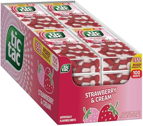 Tic Tac Strawberry & Cream, On-the-Go Pocket-Sized Mints, 100 pieces, Bulk 12 Pack, 1.7 oz Each | Amazon (US)
