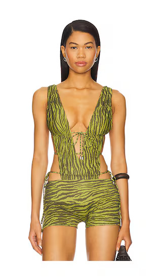 Heart Of Gold Skimpy Printed Deep V Open Back Bodysuit in Ganja | Revolve Clothing (Global)