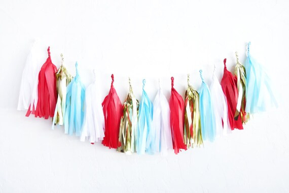 July 4th Tassel Garland - tissue paper fringe banner | Sky, White, Red, Gold | Independence Day | Etsy (US)