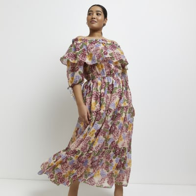 Plus beige floral bardot maxi dress | River Island (UK & IE)