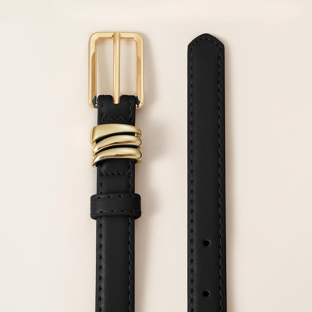 XZQTIVE Women Skinny Leather Belt Ladies Black Thin Waist Belt for Dresses Jeans Pants with Gold ... | Amazon (US)