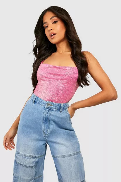 Petite Shimmer Glitter Cowl Bodysuit | Boohoo.com (US & CA)