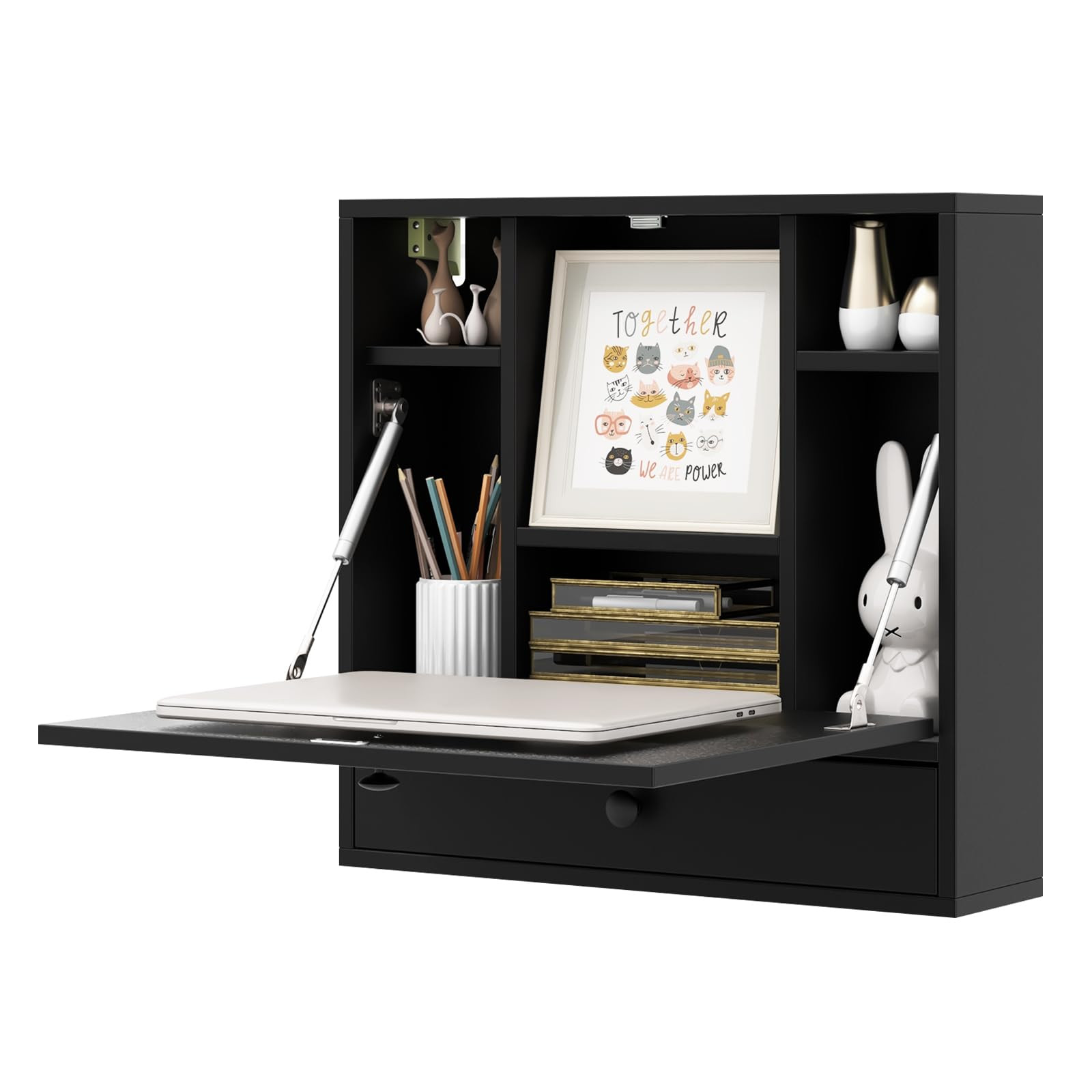 Folding Wall Desk, Wood Wall Mounted Desk with Storage Drawer and Shelves, Fold Down Wall Mount L... | Amazon (US)