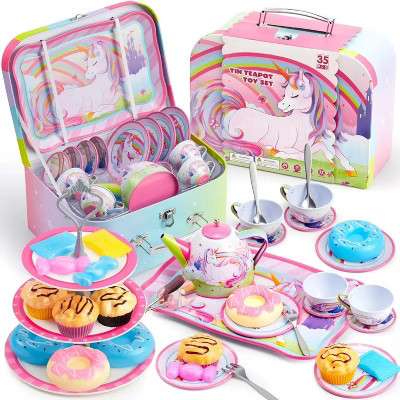 35Pcs Unicorn Tea Party Set for Little Girls, Pretend Tin Teapot Set, Princess Tea Time Play Kitchen Toy for Birthday Gifts Kids Toddlers Age 3 4 5 6 | Target